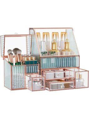 Gold 3-in-1 Glass Makeup Organizer - Stylish Cosmetic Storage Solution